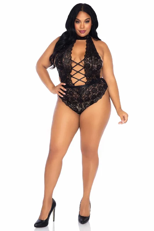 Plus Size Floral Lace Backless Teddy Lingerie Set