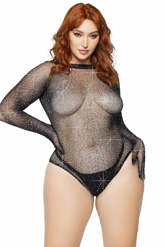 Plus Size Rhinestone Fishnet Gloved Bodysuit With Snap Crotch