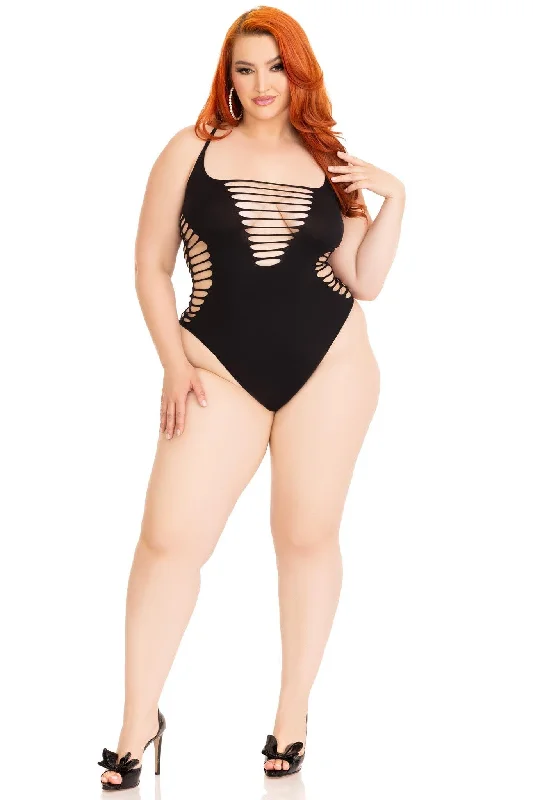 Plus Size Seamless Shredded Racer Back Thong Bodysuit