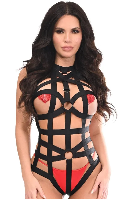 BOXED Black Stretchy Body Harness Bodysuit w/Silver Hardware