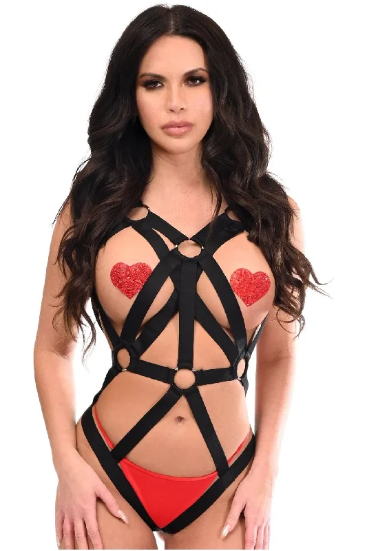 BOXED Black Stretchy Body Harness Bodysuit w/Silver Hardware