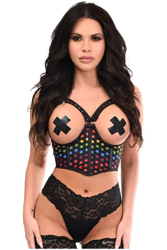 Lavish Rainbow Stars Underwire Open Cup Mesh Cincher w/Criss Cross Back