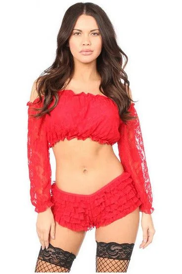 Red Lined Lace Long Sleeve Peasant Top