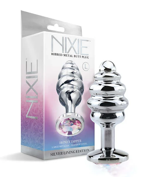 Nixie Honey Dipper Large Ribbed Stainless Steel Plug Silver Lining Edition by Global Novelties