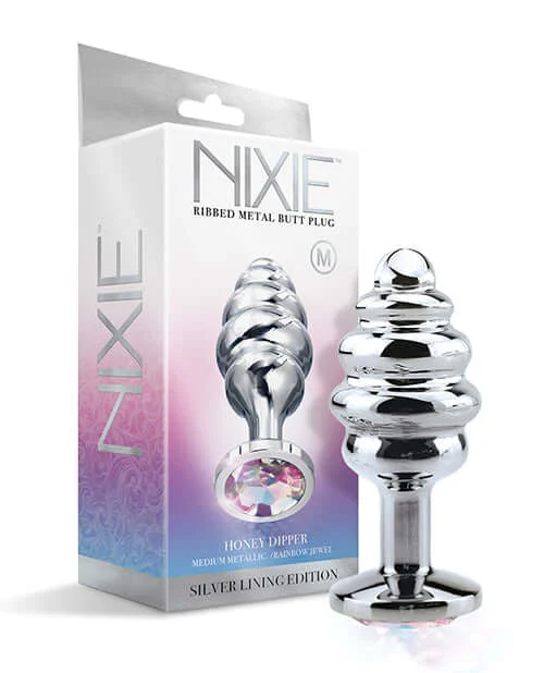 Nixie Honey Dipper Medium Ribbed Stainless Steel Plug - Silver Lining Edition by Global Novelties