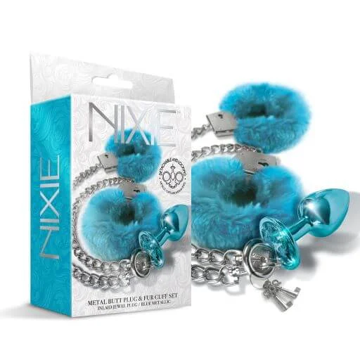 Nixie Metal Plug and Furry Cuff Set Blue Detachable and Locking Handcuffs