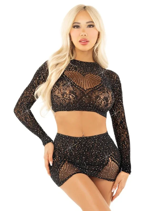 Black 2pc Rhinestone Lace and Net Crop Top With -  Heart Keyhole Mini Skirt - Os