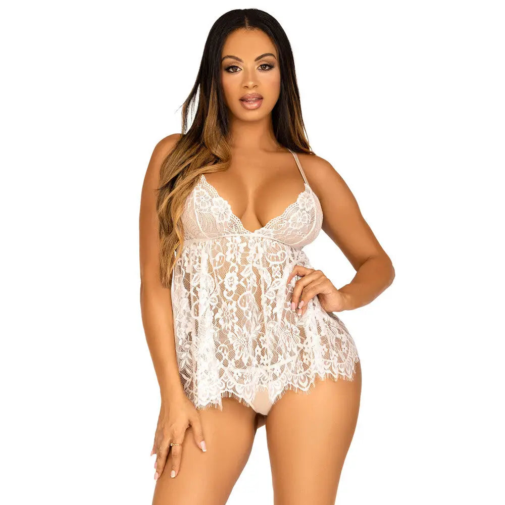 Leg Avenue Wet Look White Lace Babydoll and G-string Panty