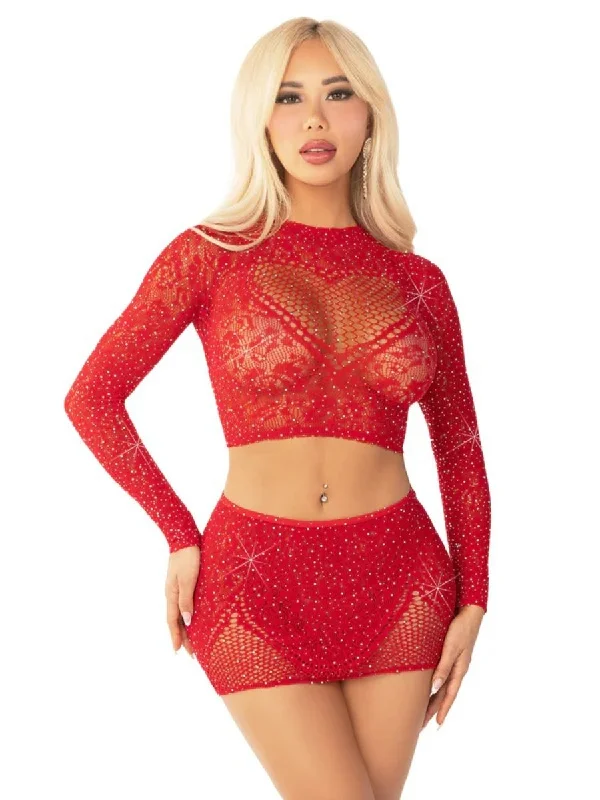 Red 2pc Rhinestone Lace and Net Crop Top With -  Heart Keyhole Mini Skirt - Os