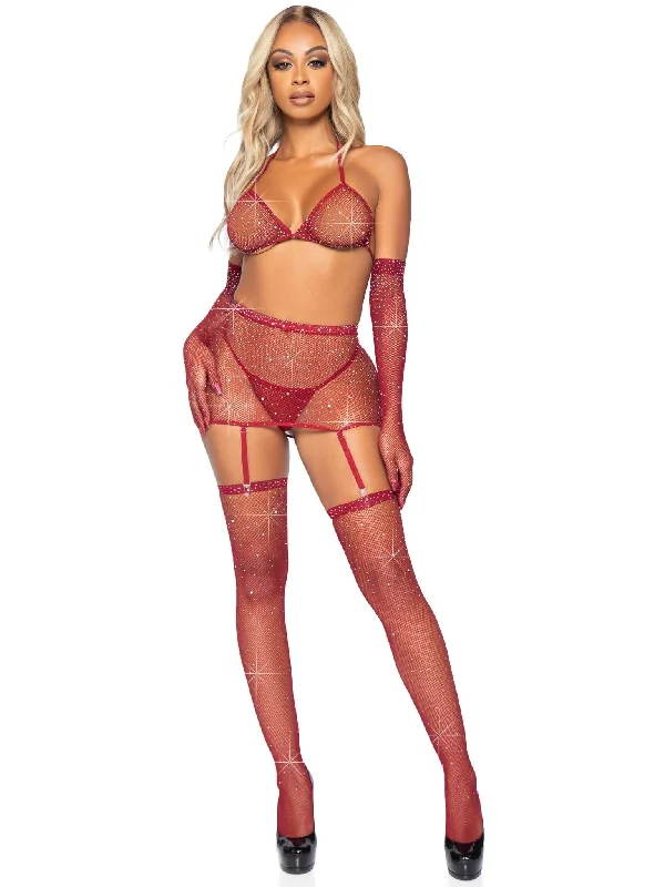 Rhinestone Fishnet 5-Piece Lingerie Set - Multiple Colors Available!